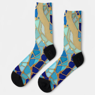 Chaussette Mosaïque d'art fin bleu et or de la mer des vagues