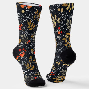Chaussette Motif à feuilles et à baies complexes sur noir