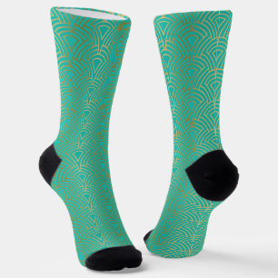Chaussette Motif Art déco géométrique or sur bleu-vert