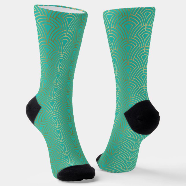 Chaussette Motif Art déco géométrique or sur bleu-vert (Angulaire)