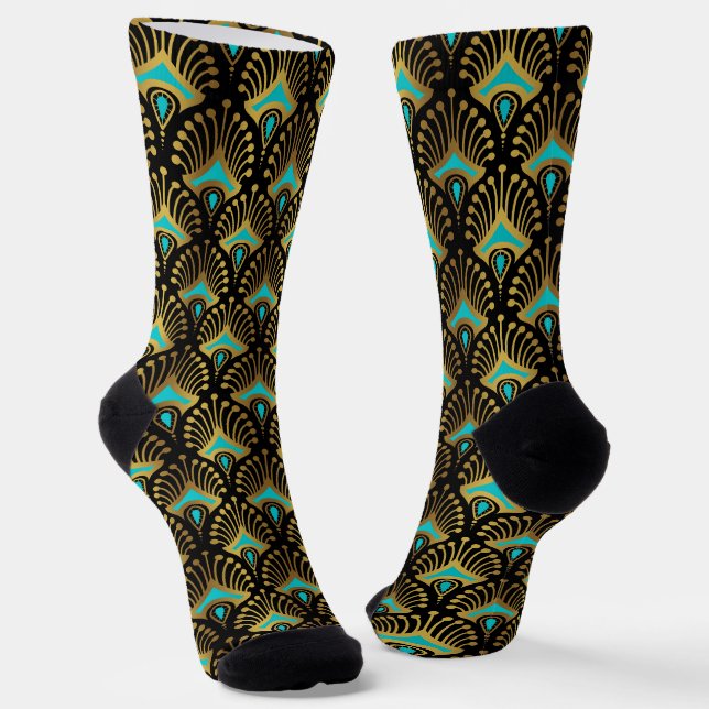 Chaussette Motif Art déco or et bleu sur noir (Angulaire)