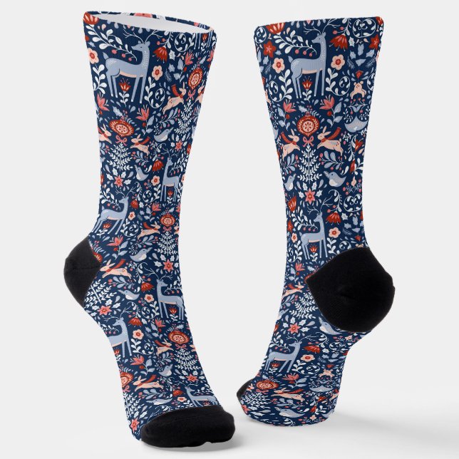 Chaussette Motif bleu nordique des animaux de bois (Angulaire)