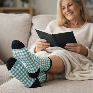 Chaussette Motif carreaux gingham sarcelle et blanc Minimal