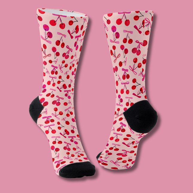 Chaussette Motif Coquette Cherry & Pink Bow (Cute cherry & bow, coquette aesthetic patterned socks)