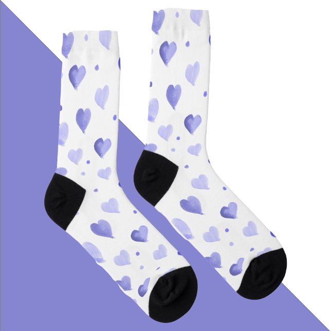 Chaussette Motif couleur  bleu aquarelle (A pair of socks with a blue watercolor heart and polka dot pattern)