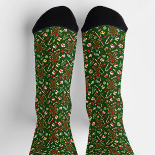 Chaussette Motif de bonbon en pain d'épice festif vert ludiqu