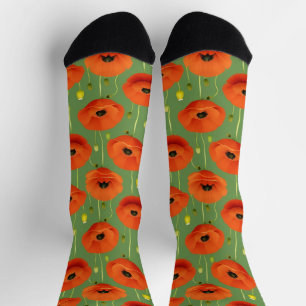 Chaussette Motif de coquelicots rouges vifs sur un fond vert