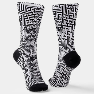 Chaussette Motif de labyrinthe géométrique noir sur blanc