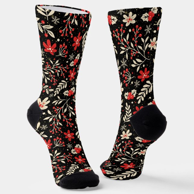 Chaussette Motif de Noël avec baies et fleurs (Angulaire)