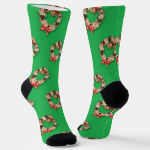 Chaussette Motif de Noël vintage, Couronnes florales sur fond