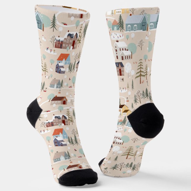 Chaussette Motif de scène confortable du Village d'hiver (Angulaire)