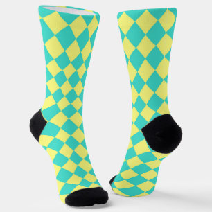Chaussette Motif diamant à carreaux turquoise jaune