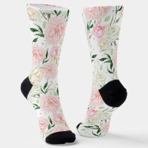 Chaussette Motif floral aquarelle rose tendre et pivoine
