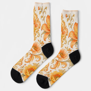 Chaussette Motif Floral Baroque Vintage – Orange Chaud / Or