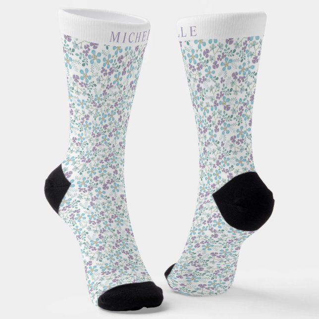Chaussette Motif floral blanc personnalisé bleu violet fleurs (Angulaire)
