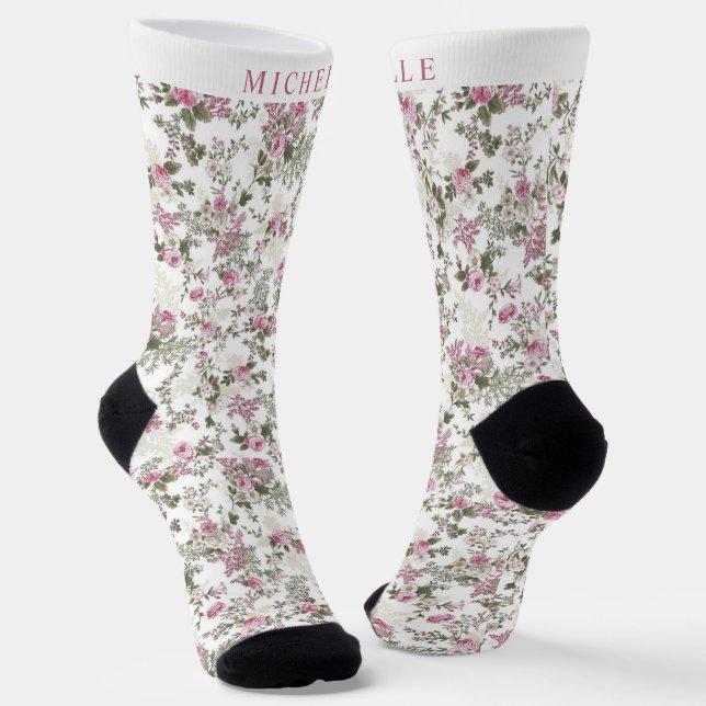 Chaussette Motif floral blanc personnalisé Rose Fleurs (Angulaire)