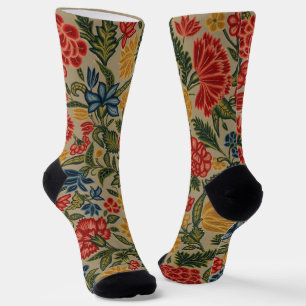 Chaussette Motif floral en broderie laine vintage rouge et or