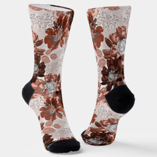 Chaussette Motif floral gris-marron.