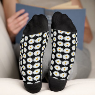 Chaussette Motif floral marguerrier blanc sur noir
