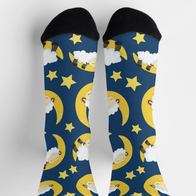 Chaussette Motif mouton, Mouton couché, Lune, Étoiles (Haut)