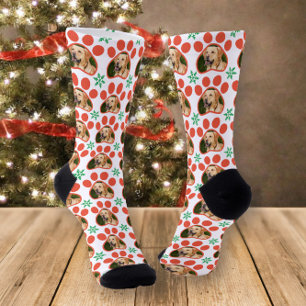 Chaussette Motif Noël Empreintes de Patte et Flocons de Neige
