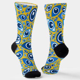 Chaussette motif Œil Grec mauvais sur fond jaune et bleu