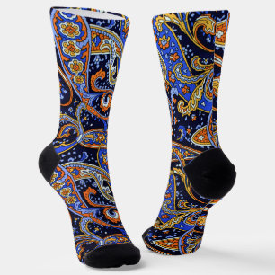 Chaussette Motif Paisley Bohème Navy et Orange Vibrant