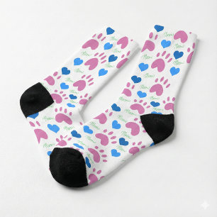 Chaussette Motif Pattes de Chat Roses Cœurs Bleus Miaou Vert