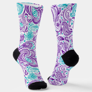 Chaussette Motif pourpre turquoise et blanc paisley