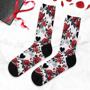 Chaussette Motif Romantique Roses Rouges et Cœurs Noirs