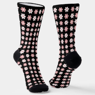 Chaussette Motif rose et blanc sur noir