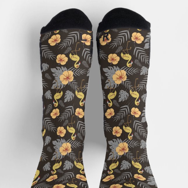 Chaussette motif sans couture Flamant rose avec fleurs et feu (Haut)