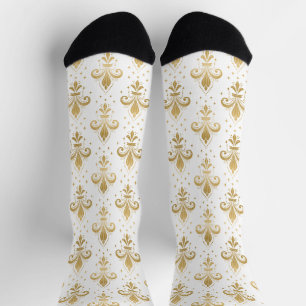 Chaussette Motif sans soudure à fleur de lis or sur blanc
