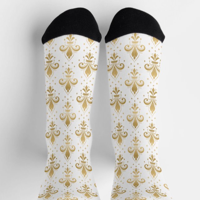 Chaussette Motif sans soudure à fleur de lis or sur blanc (Haut)