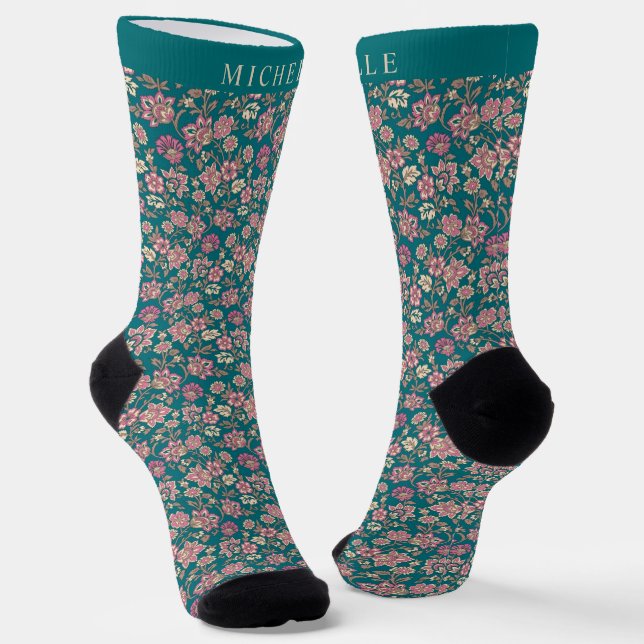 Chaussette Motif Turquoise vert Floral Fleurs roses (Angulaire)