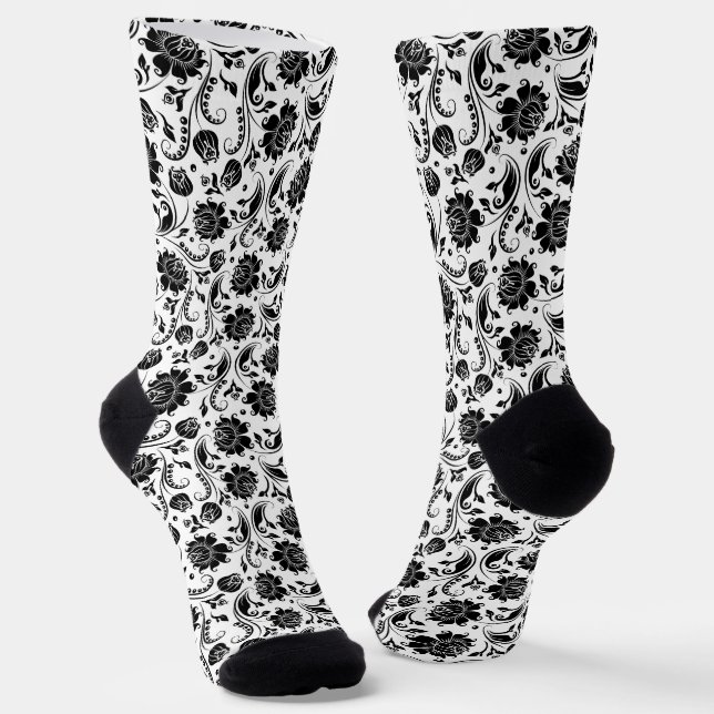 Chaussette Motif vintage à fleurs noir et blanc (Angulaire)