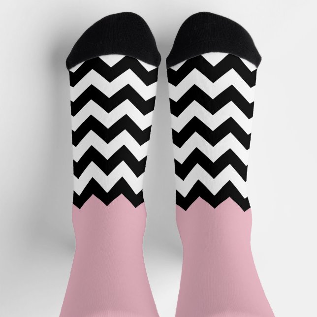 Chaussette Motif Zigzag noir et blanc, Chevron, rose (Haut)