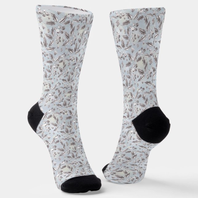 Chaussette Noël, brindilles argentées, blanc, flocons de neig (Angulaire)