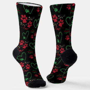 Chaussette Noël EMPREINTES DE PATTE DE CHIEN et CŒURS D'AMOUR