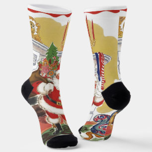 Chaussette Noël vintage, joyeux Père Noël avec cadeaux