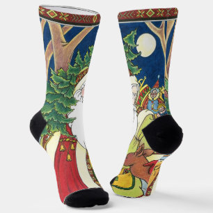 Chaussette Noël vintage, le Père Noël cerf dans la forêt
