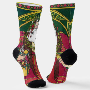 Chaussette Noël vintage, Père Noël avec feuilles de houx