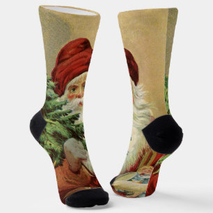 Chaussette Noël vintage, Père Noël victorien avec arbre