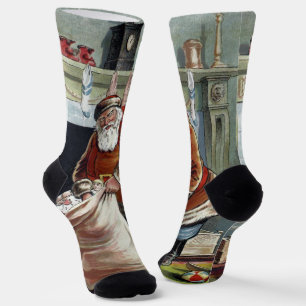 Chaussette Noël vintage, Saint Nicolas au coin du feu
