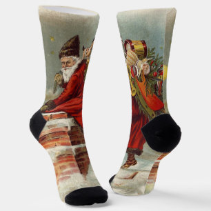 Chaussette Noël vintage victorien Saint Nicolas sur le toit