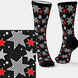 Chaussette Noir blanc coché rayé et étoiles rouges sur noir