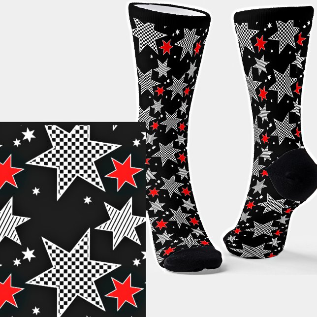 Chaussette Noir blanc coché rayé et étoiles rouges sur noir (Créateur téléchargé)