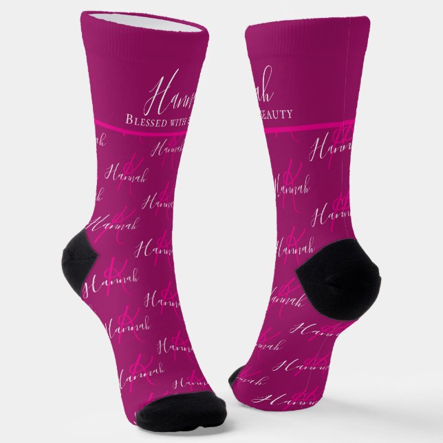 Chaussette Nom de monogramme signifiant Hannah rose foncé cou (Angulaire)