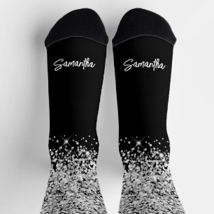 Chaussette Nom de script de pinceau Glittery Silver Black Gla