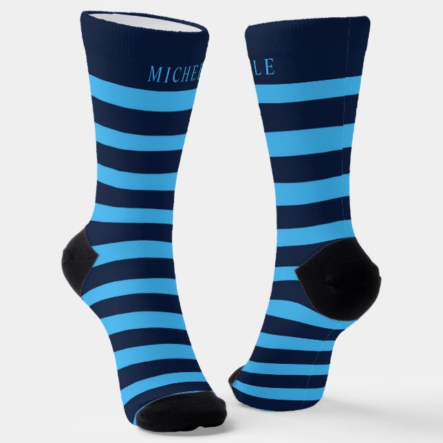 Chaussette Nom personnalisé clair bleu foncé rayé (Angulaire)